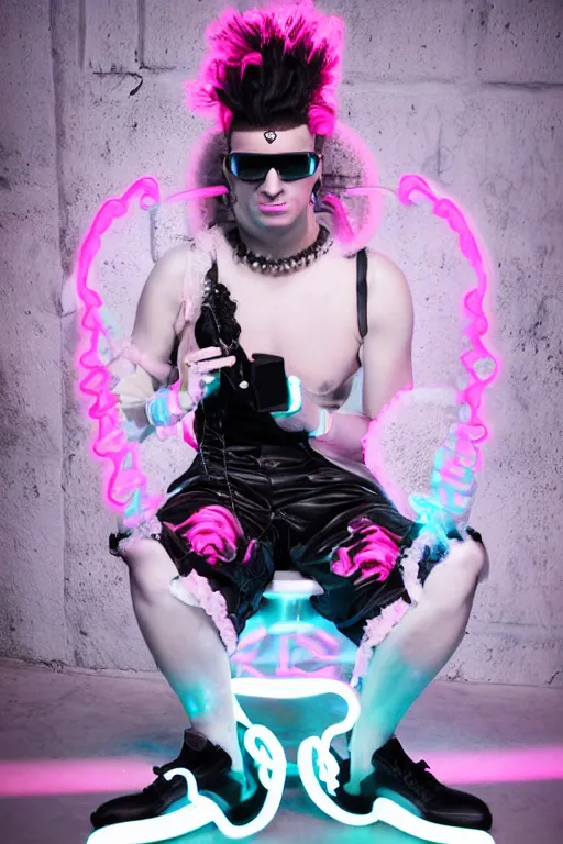 Image similar to full-body rococo and cyberpunk style neon statue of a young attractive Pauly D wearing cholo shades macho dotado e rico android sim roupa reclining con las piernas abertas e la piroca dura, ethereal white dripping tar, glowing white lasers, pink tigers, glowing eyes, silver prince crown, black gears, pink diamonds, swirling mint-colored silk fabric. futuristic elements. full-length view. human skulls. large intricate artwork by caravaggio. Trending on artstation, octane render, cinematic lighting from the right, hyper realism, octane render, 8k, depth of field, 3D