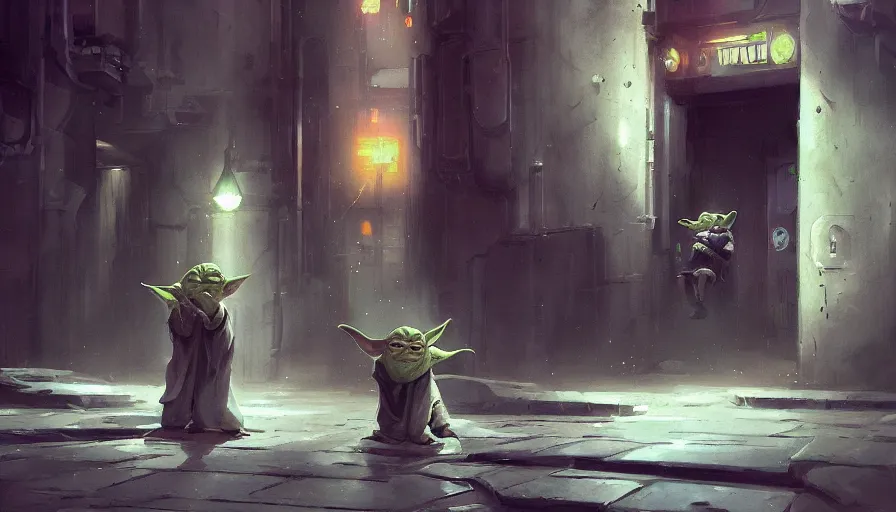 Prompt: Yoda being drunk in an alley at coruscant, medium shot, details, sharp focus, illustration, by Jordan Grimmer and greg rutkowski, Trending artstation, pixiv, digital Art