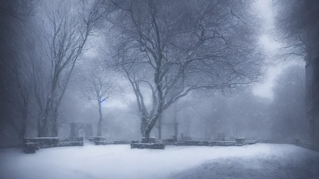 Prompt: the secret garden under heavy snow, surrounded by tall walls. andreas achenbach, artgerm, mikko lagerstedt, zack snyder, tokujin yoshioka