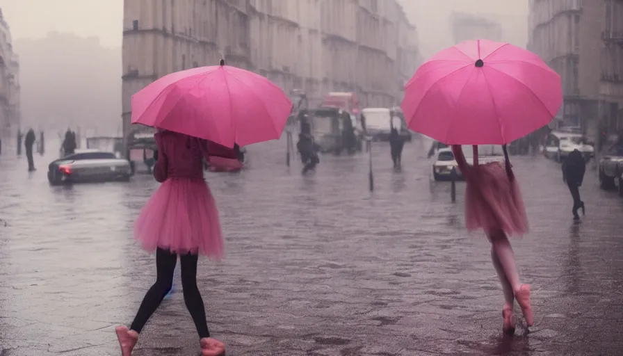 Image similar to street of paris photography, night, rain, mist, a prima ballerina dancing, a pink umbrella, cinestill 8 0 0 t, in the style of william eggleston