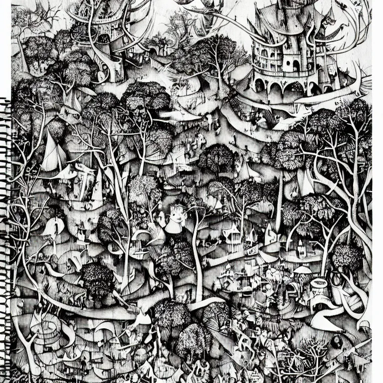 Image similar to hieronymus bosch garden on eden sketchbook ink drawing by james jean highly detailed high contrast