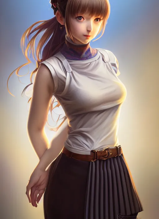 Image similar to portrait of a full body of beautiful young female detective, d & d, sleeveless turtleneck, pleated skirt, fantasy, flat lighting, intricate, highly detailed, digital painting, artstation, concept art, smooth, sharp focus, illustration, misa amane, art by simon bisley and greg rutkowski and alphonse mucha, natural tpose