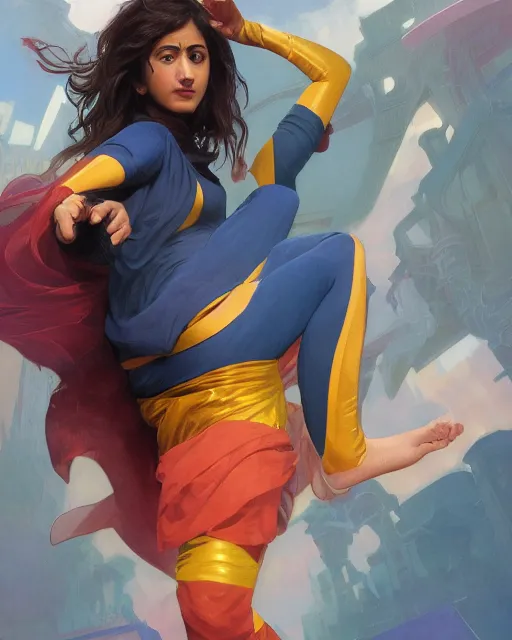 Image similar to A Full View of Kamala Khan played by Iman Vellani, filled with wonder. MCU. John Hughes film. masterpiece 4k digital illustration by Ruan Jia and Mandy Jurgens and Artgerm and greg rutkowski and Alexander Tsaruk and WLOP and william-adolphe bouguereau, award winning, Artstation, art nouveau aesthetic, Alphonse Mucha background, intricate details, realistic, panoramic view, Hyperdetailed, 8k resolution, intricate art nouveau