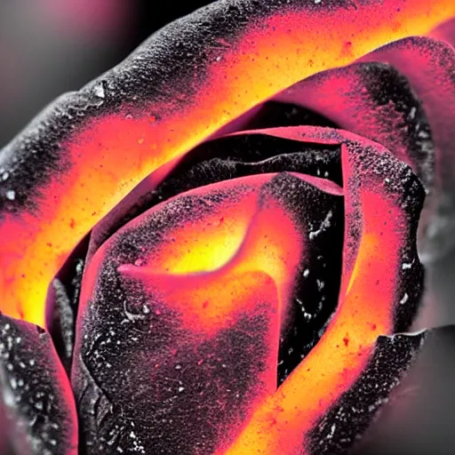 Image similar to award - winning macro of a beautiful black rose made of glowing molten magma