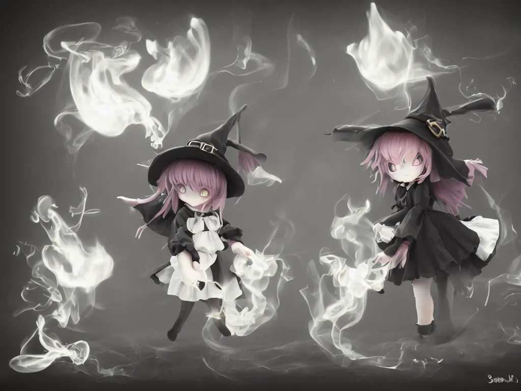Image similar to cute fumo plush girl witch stirring a cauldron swirling with strange energy, casting a powerful spell, black and white eldritch gothic horror, smoke and volumetric fog, witch girl, soothsayer, lens flare glow, chibi anime, vray