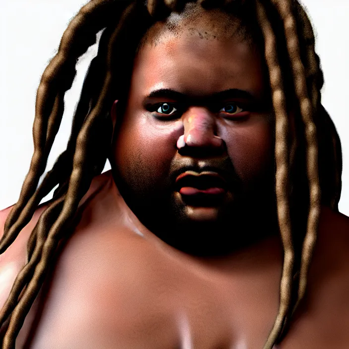 Image similar to hyperrealistic mixed media portrait of an overweight black man with dreads wearing a gi, doing martial arts, 8 k octane beautifully detailed render, post - processing, extremely hyperdetailed, trending on artstation