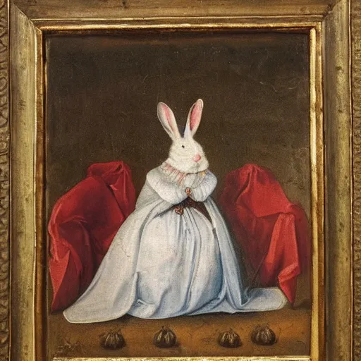 Image similar to a rabbit dressed as a queen, 17th century oil painting