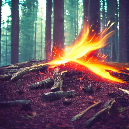 Image similar to explosion, photorealistic, 5 0 mm, bokeh, deep forest, fire