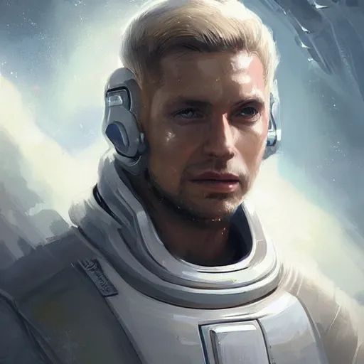 Prompt: portrait of a man with scared expression by greg rutkowski, he is about 3 0 years old, short blond hair, athletic and strong, straight jaw, wearing futuristic space gear, highly detailed portrait, digital painting, artstation, concept art, smooth, sharp foccus ilustration, artstation hq.