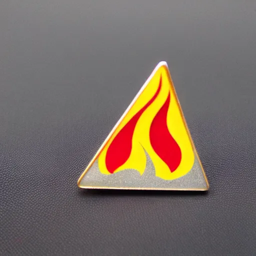 Image similar to a triangle enamel pin of a retro fire flames warning label, smooth curves