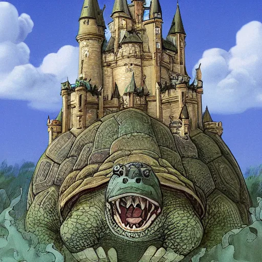 Prompt: large castle on top of a giant tortoise similar to howls moving castle, kaiju, mortal engine, fantasy, hyper detailed, realistic