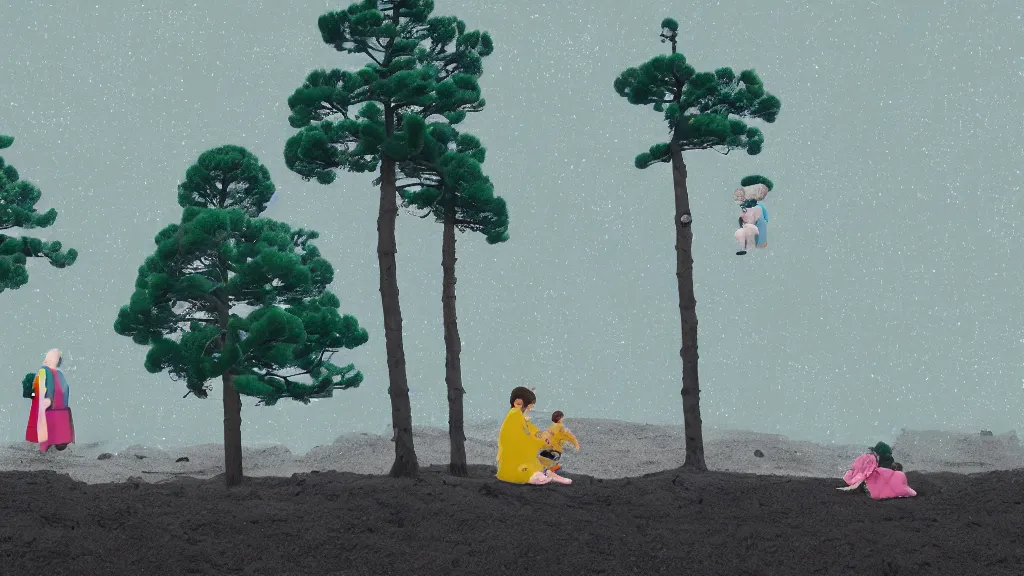 Image similar to a mama and baby bear at a seaside landscape with sequoia trees, japan, a collage painting, in the style of wes anderson, lola dupre, david hockney, isolated on negative white space background dark monochrome neon spraypaint accents volumetric octane render