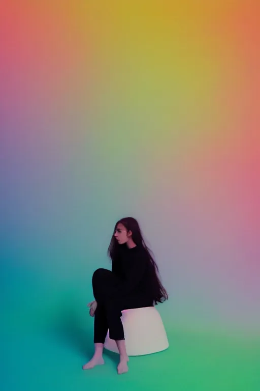 Image similar to high quality pastel coloured film photograph of a model wearing black clothing resting on cloud furniture clouds in a haze filled dreamstate world. three point light, rainbow. photographic production. art directed. pastel colours. volumetric clouds. pastel gradient overlay. waves glitch artefacts. 8 k. filmic.