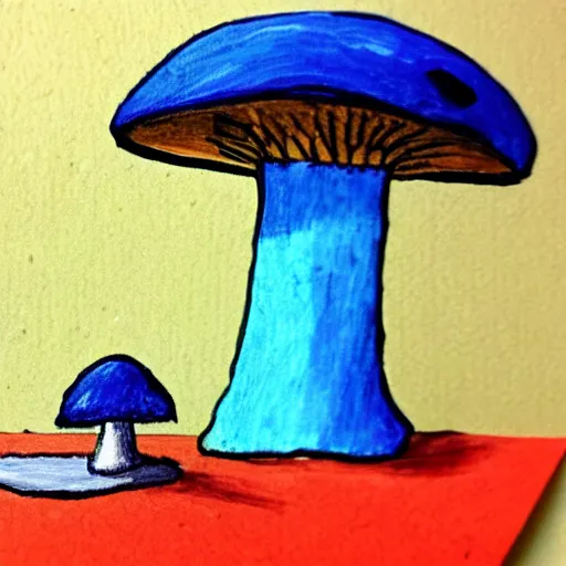 Image similar to a children painting of a cute creature sitting next to a mushroom, detailed, realistic