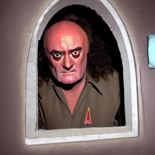 Image similar to portrait of Klingon Chancellor Gowron in full Klingon costume and makeup in a dirty gas station bathroom as he inspects a small round hole in the wall of the toilet stall