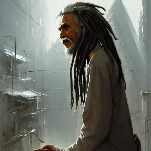 Prompt: masterpiece painting of a portrait of a long dreadlocks hair egyptian old man, very White blind eyes wearing worn out black clothes in a modern city, featured in artstation, concept art by Greg Rutkowski, WLOP, Dan Mumford, Christophe Vacher