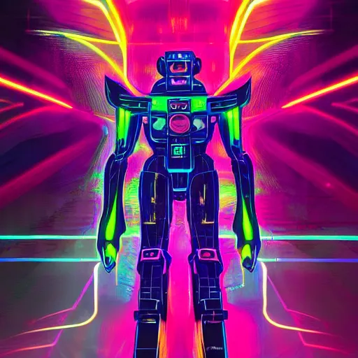 Prompt: mecha standing in front of the time-space vortex made of reflective glass, caustics, depth of field, in neon on a black color scheme with fluorescent fire, in the graphic style of Patrick Gleason, detailed art, trending on Artstation, sharp focus, Beautiful comic art