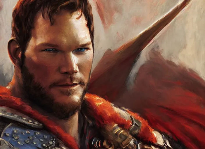 Image similar to a highly detailed beautiful portrait of chris pratt as kratos, by gregory manchess, james gurney, james jean