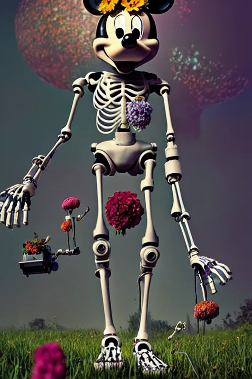 Prompt: a skeletal, mickey mouse made out of flowers and bones, walking with a robot, in the cyberpunk countryside by beeple, nychos and arcimboldo, highly detailed octane render