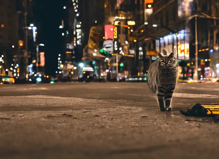 Image similar to photography of a Cat being carried in a backpack . in a new york street. award winning photo, led lighting, night, 130mm, sharp, high res
