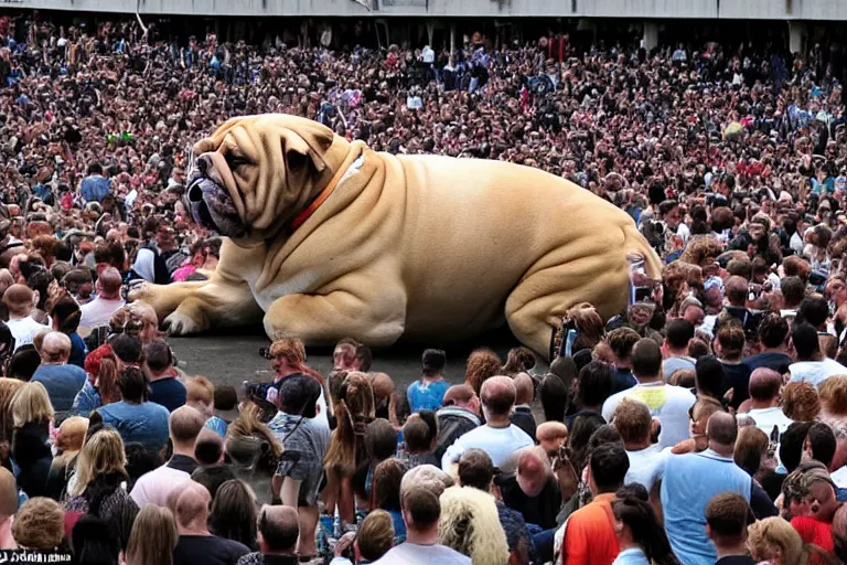 Prompt: a crowd of people that are in shock are at a distance surrounding a giant bulldog and the bulldog is five times larger then the people