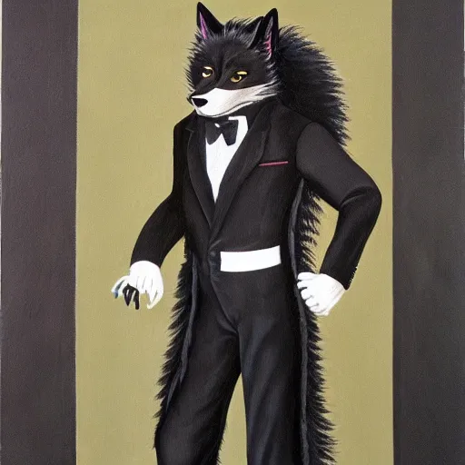 Prompt: male anthro black fox furry fursona with a black mullet in a spanish style tuxedo, 1 9 7 0 s, canvas painted by famous artist jylon denja