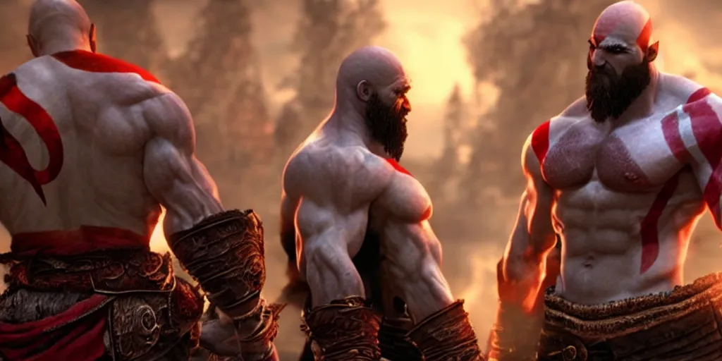 Image similar to kratos the god of war looking in the mirror, cinematic composition and lighting