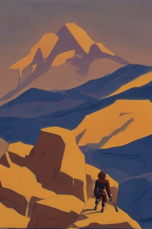 Image similar to black widow ( natasha romanova ) on mountains, marvel, artwork by nicholas roerich,