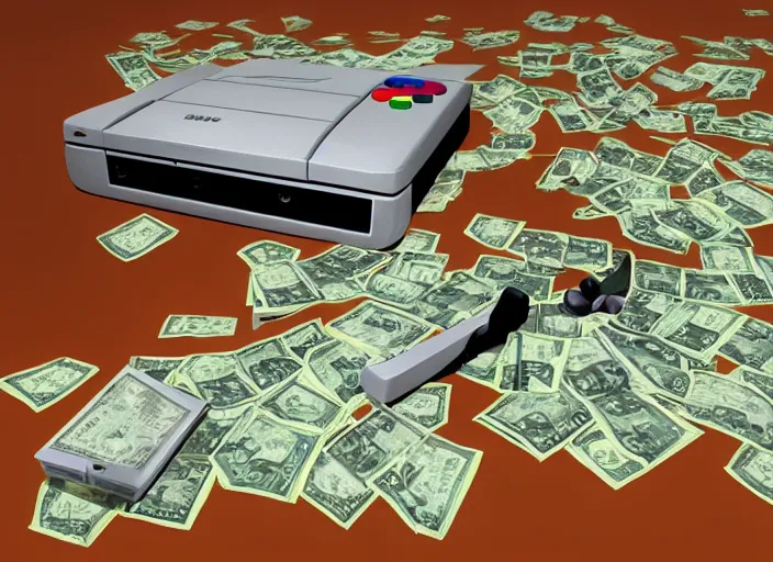 Prompt: surrealist art of nintendo 6 4 console in front of stacks of money