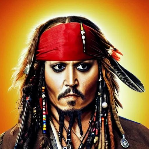 Image similar to johnny depp as jack sparrow with a parrot on the shoulder, realistic portrait, 8k resolution, hyper detailed, studio lighting, cinematic