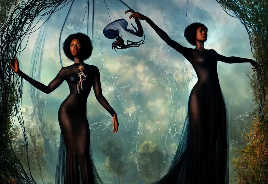 Prompt: realistic detailed portrait movie shot of a beautiful black woman in a transparent sheer fabric dress dancing with a giant spider, futuristic sci fi landscape background by denis villeneuve, monia merlo, yves tanguy, ernst haeckel, alphonse mucha, max ernst, caravaggio, roger dean, sci fi necklace, masterpiece, dreamy, rich moody colours