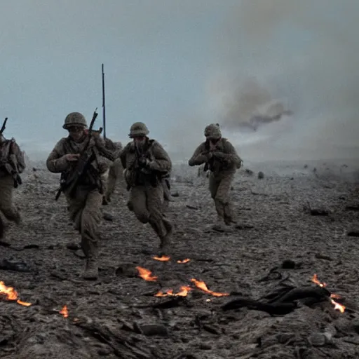 Image similar to american soldiers running at the camera with rifles during normandy beach landing with fiery explosions and debris and dead bodies and limbs all around them in the style of the movie lone survivor and saving private ryan, gritty, 4 k, cinematic lighting,