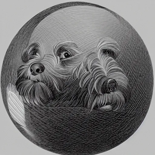 Prompt: self portrait of a havanese dog reflecting into a chrome sphere, pen on paper, by mc escher