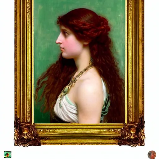 Prompt: a portrait of a beautiful girl with bright red curly long hair and green eyes, with a pretty baroque frame and a devoted posture, she is facing left but her eyes are looking at the viewer, in the style of lawrence alma - tadema, extremely detailed, golden ratio, 8 k