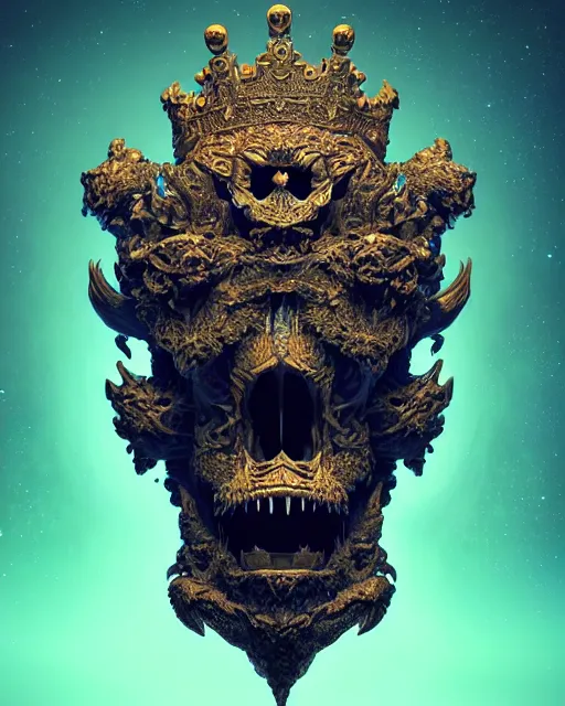 Image similar to 3 d ornate carved dark cosmic king with profile portrait, sigma 5 0 0 mm f / 5. beautiful intricate highly detailed quetzalcoatl skull. bioluminescent, plasma, lava, ice, water, wind, creature, thunderstorm! artwork by tooth wu and wlop and beeple and greg rutkowski, 8 k trending on artstation