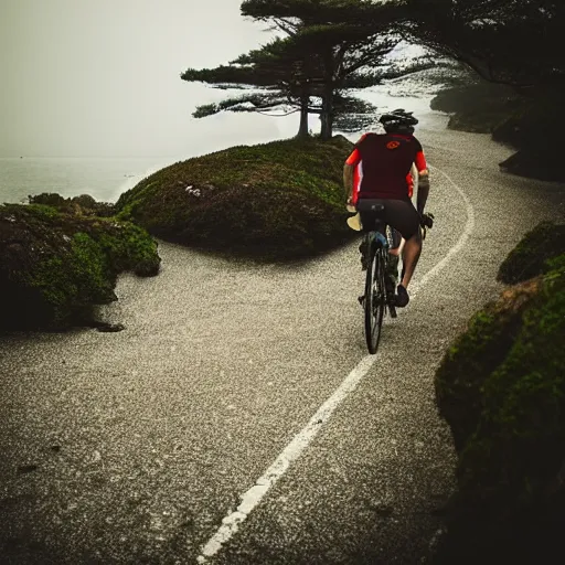 Image similar to a scene from a fever dream!! In 1st person!! Bicycling on a rocky path entering the scary murky ocean!! Fog! Ultra realistic! 25mm f/1.7 ASPH Lens!