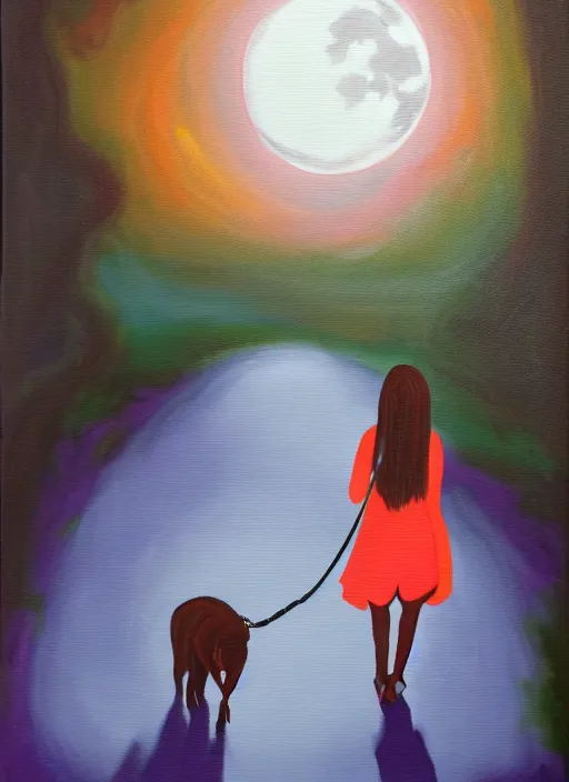 Image similar to young brown woman walking her dog in a park at night with a full moon, acrylic painting, fantasy