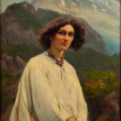 Image similar to a beautiful woman posing in the mountains, oil painting, 1 8 7 0,