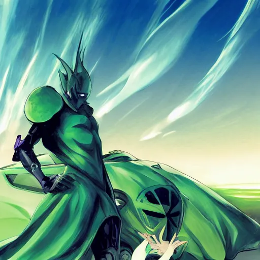 Prompt: blue knight in a green hatchback car, close up, anime, desert landscape, greg manchess, akehiko inoue and ross tran, Pyromallis Nekro Rene Margitte, Murata, one punch man manga, fight dragon