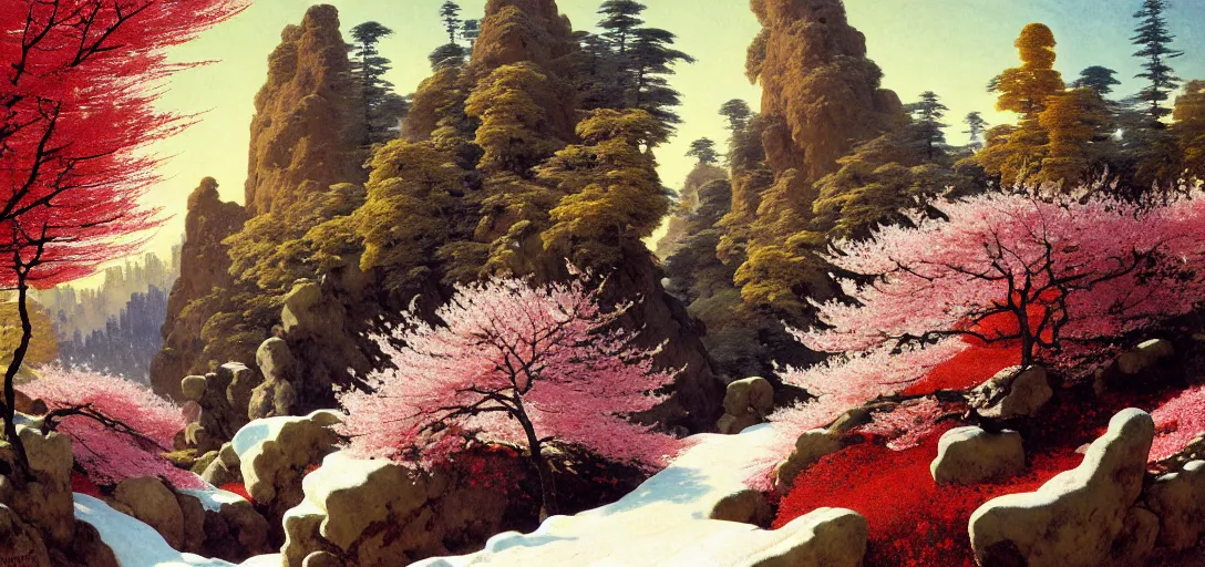 Image similar to ghibli illustrated background of a trail leading through a strikingly beautiful snowy landform with strange rock formations and red water, and cherry blossoms by vasily polenov, eugene von guerard, ivan shishkin, albert edelfelt, john singer sargent, albert bierstadt 4 k