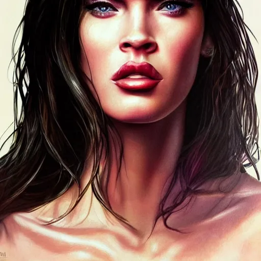 Image similar to megan fox closeup of face. licking lips. hyperrealistic portrait, photo realistic, poster, artstation, volumetric lighting, digital art, very detailed face by magali villeneuve