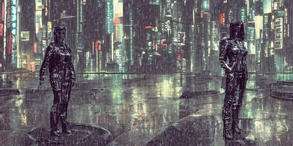 Image similar to cyberpunk statue, rain, space