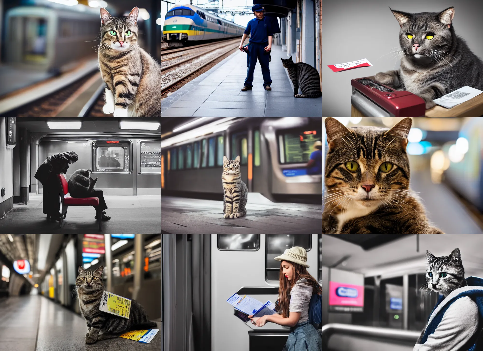 Prompt: photo still of cat selling train tickets, 8 k, studio lighting bright ambient lighting key light, 8 5 mm f 1. 8