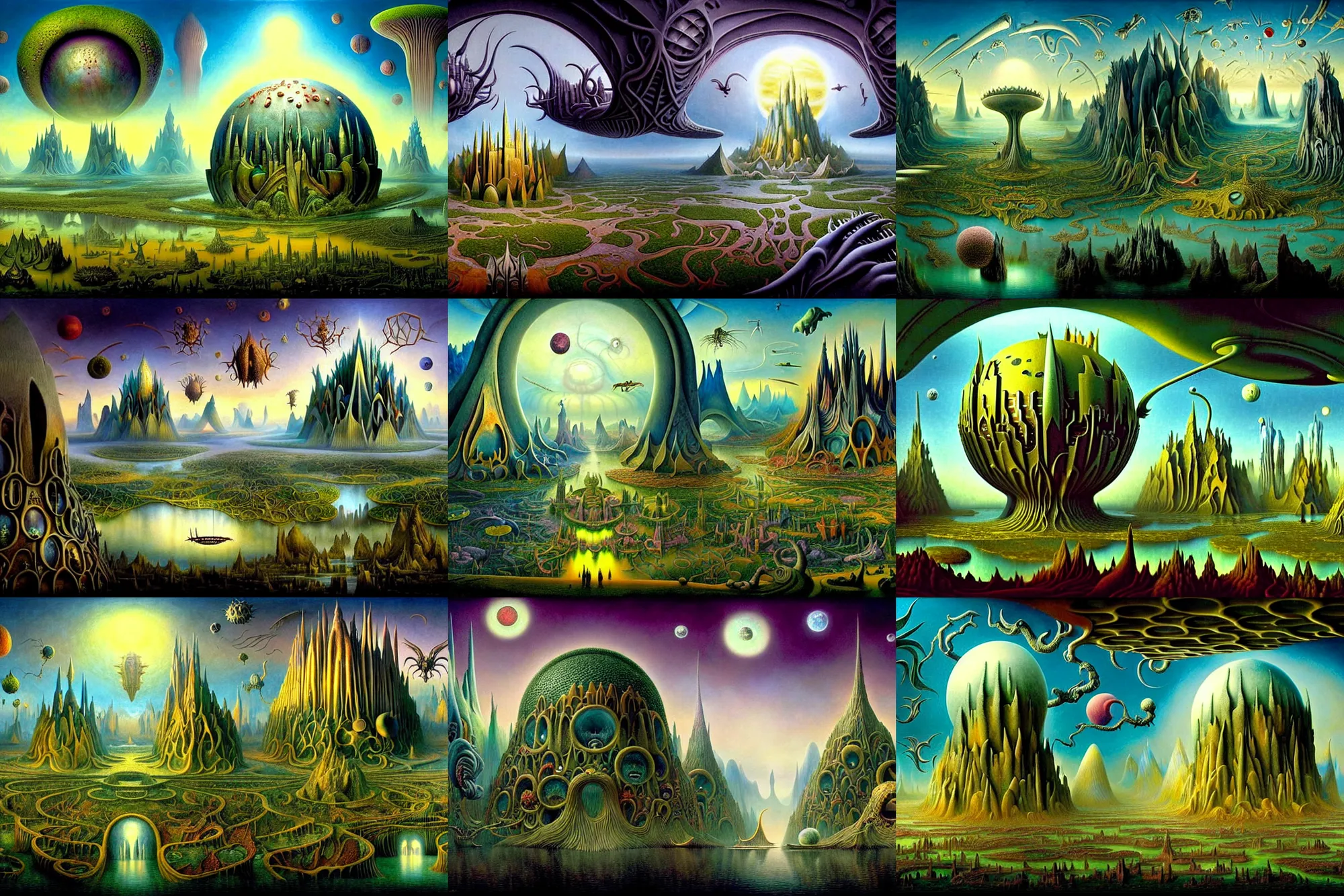 Prompt: a beautiful epic stunning amazing and insanely detailed matte painting of alien dream worlds with surreal architecture designed by Heironymous Bosch, mega structures inspired by Heironymous Bosch's Garden of Earthly Delights, vast surreal landscape and horizon by Gerald Brom and Tyler Edlin, rich pastel color palette, masterpiece!!, grand!, imaginative!!!, whimsical!!, epic scale, intricate details, sense of awe, elite, fantasy realism, complex composition, 4k post processing