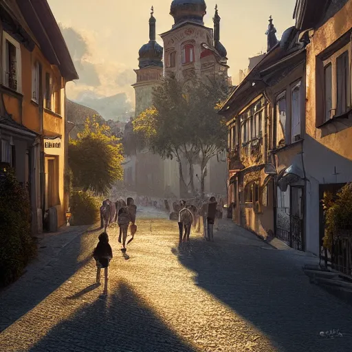 Image similar to a beautiful hyper realistic photo of banska stiavnica in summer with old houses and trees in sunset, sky, people walking on street, unreal engine, by greg rutkowski and james gurney, artstation