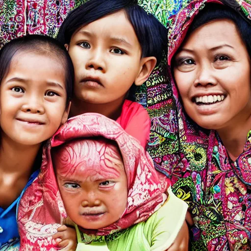 Prompt: an indonesian family portrait, hyperdetailed intricate, facial expressions, eyes, nose, lips, fingers, hand, high resolution, 4 k hd, illustrated news agency, muted colors