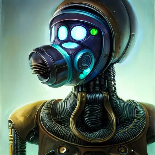 Image similar to low angle shot of a cyberpunk gazmask robot character, intricate, elegant, highly detailed, centered, digital painting, artstation, concept art, smooth, sharp focus, illustration, artgerm, Tomasz Alen Kopera, Peter Mohrbacher, donato giancola, Joseph Christian Leyendecker, WLOP, Boris Vallejo