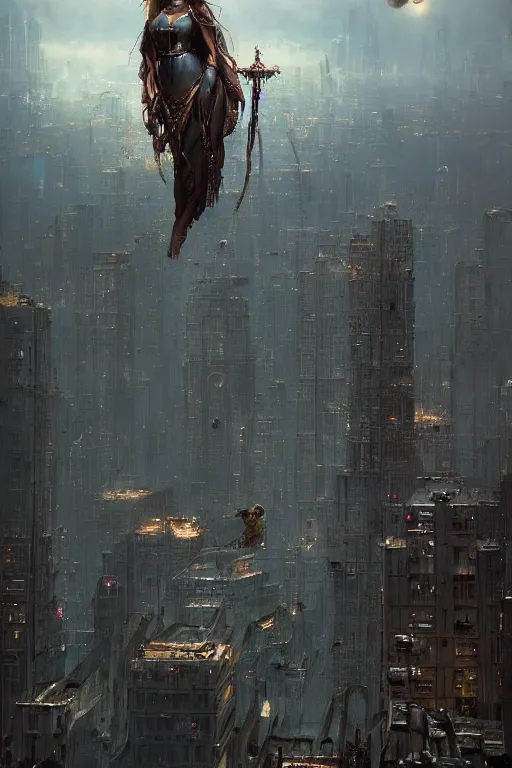 Image similar to goddess of artificial intelligence floating above a city, sharp focus, by rozalski, by greg rutkowski, cinematic, cinematic shot, megalophobia, award winning, trending on artstation, intricate, detailed