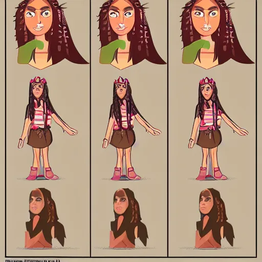 Image similar to native american girl, 2 d cartoon concept art model sheet