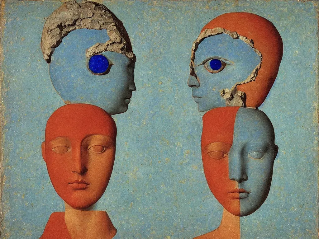 Image similar to marble greek sculpture head of the sun god with inlaid crystal eye. lapis - lazuli, turquoise, malachite, cinnabar, earth brown. painting by piero della francesca, balthus, agnes pelton